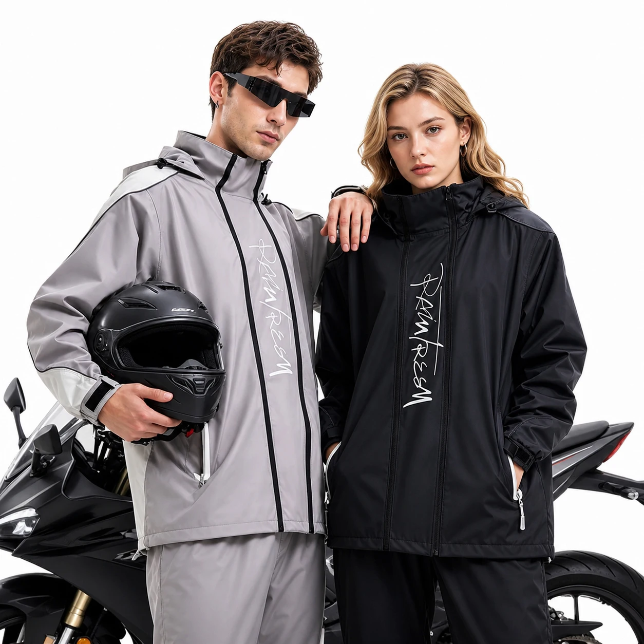 Motorcycle rain suit, unisex, waterproof & breathable, reflective, multipurpose for riding, fishing, golf, hunting, camping