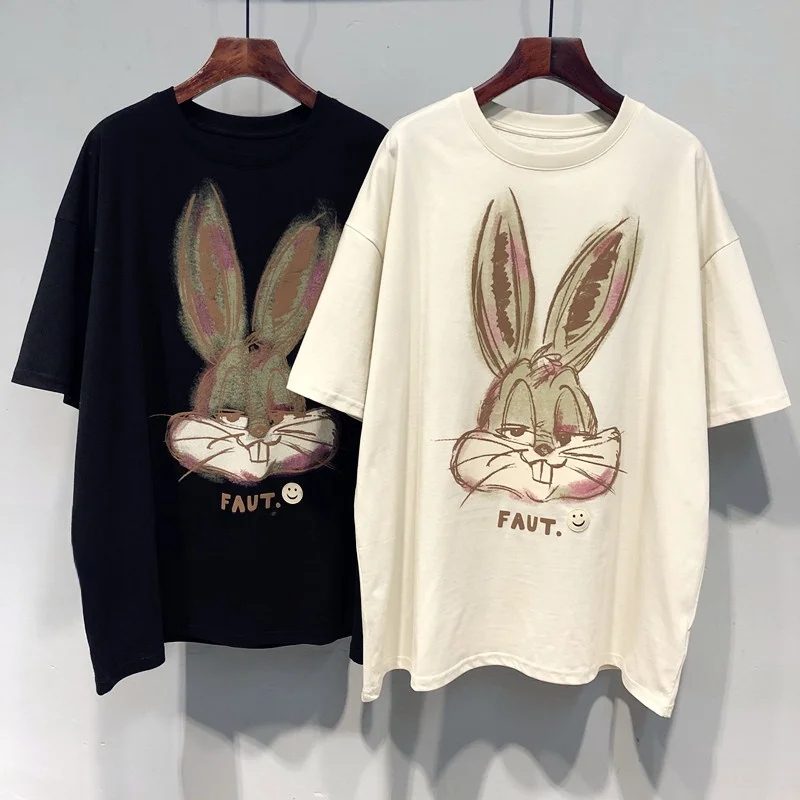 

Loose ort Sve T-irt Women's Bunny Pattern Fun Cartoon Design Spring Summer Casual Loose Fit round Ne Cotton Top