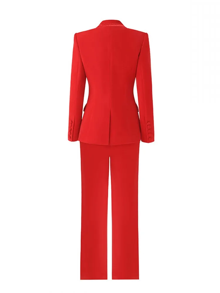 Autunno elegante donna Blazer in velluto rosso pantaloni due pezzi Set Slim Fit Office Ladies Suit One Button Stage Show Set coordinati abiti