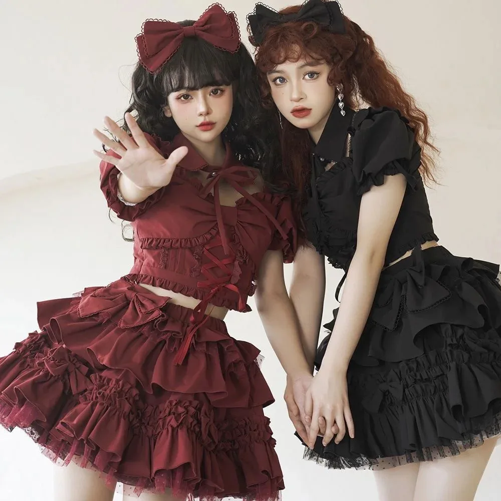 New Split Style Lolita Spicy Girls Short Sleeve Top Sk Half Skirt Set Red Black Dresses Kawaii Party Dress