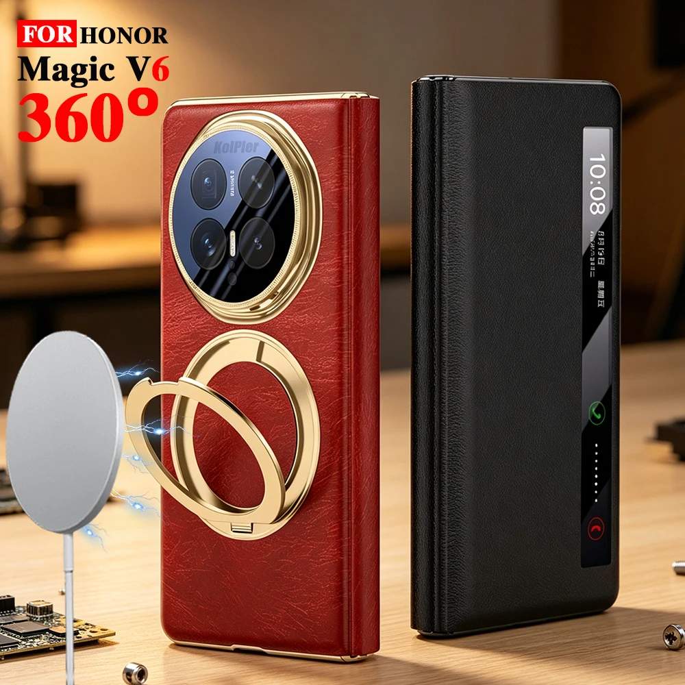 

Magnetic Wireless Charging Leather Case for Honor Magic V6 360° Ring Stand Smart View Window, Full Body Protective Flip Cover