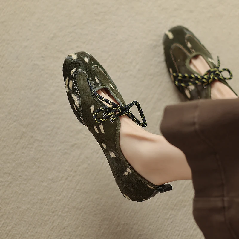 2026 New Fashion Women Flats Shoes Horsehair Leather Animal Prints Spring Ballet Casual Mary Jane Shoes Round Toe Dress 34-43