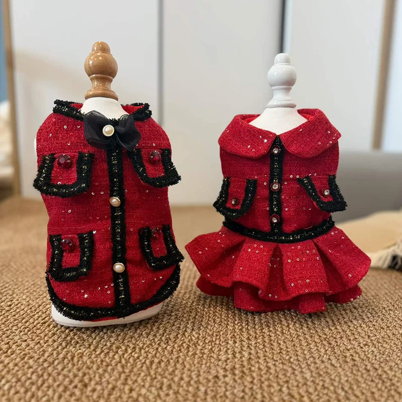 Elegant Dog Princess Dress Tweed Pet Outfit Luxury Puppy Vest Coat for Small Dogs Cats Birthday Wedding Party Costume Apparel