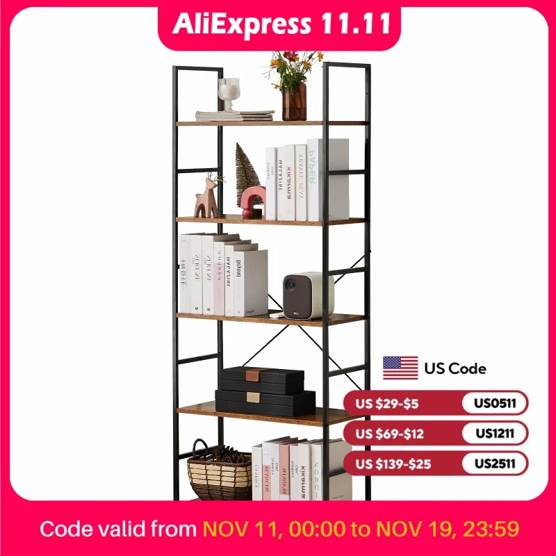 JHK 5 Tier Bookcase Bookshelf Modern Book Case For Books Corner Storage Organizer for Bedroom Home Office Kitchen Living Room