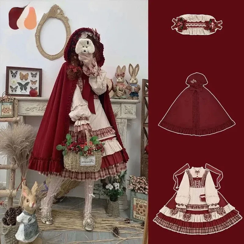 XL Lolita Skirt Op Vintage Little Red Riding Hood Cloak Long Sleeve Japanese Kawaii Lolita Gothic Dress Fairy Harajuku Y2k Dress