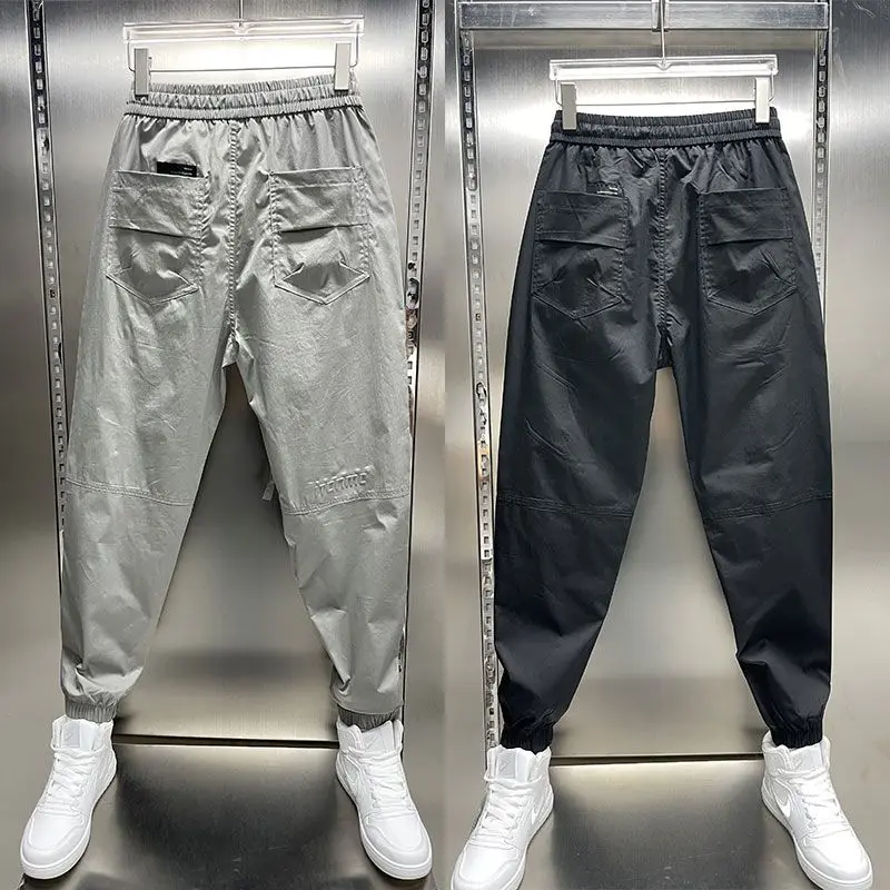 Thin Casual Pants Men's Spring Summer Elastic Waist Cargo Pants Male Harajuku Slim Solid Color Cuffed Trousers