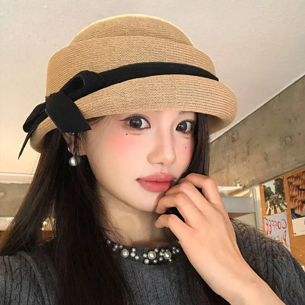 

Fashion Bowknot Bow Topper Hat Knitted Thin Women Bucket Hat French Style Weave Hepburn Style Formal Hat Spring Summer