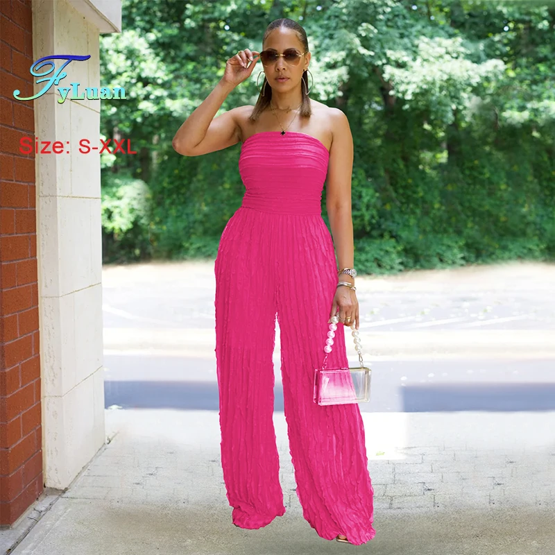 

New Fashion Women‘s Clothes Solid Color Loose Casual Wave Strapless Jumpsuits Sleeveless Slimming Wide Legs Pants One-Piece Sets