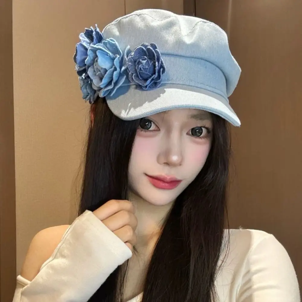 

Artistic Denim Camellia Beret Hat Korean Style Elegant Flower Flat Top Hat Breathable Exquisite Painter Caps Fashion Accessory