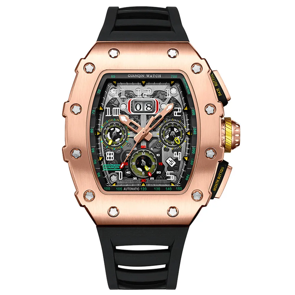 GUANQIN Luxury Automatic Self-Wind Mechanical Sport Wrist Watch Men Sapphire Glass Chronograph Luminous Clock Man Rose Black