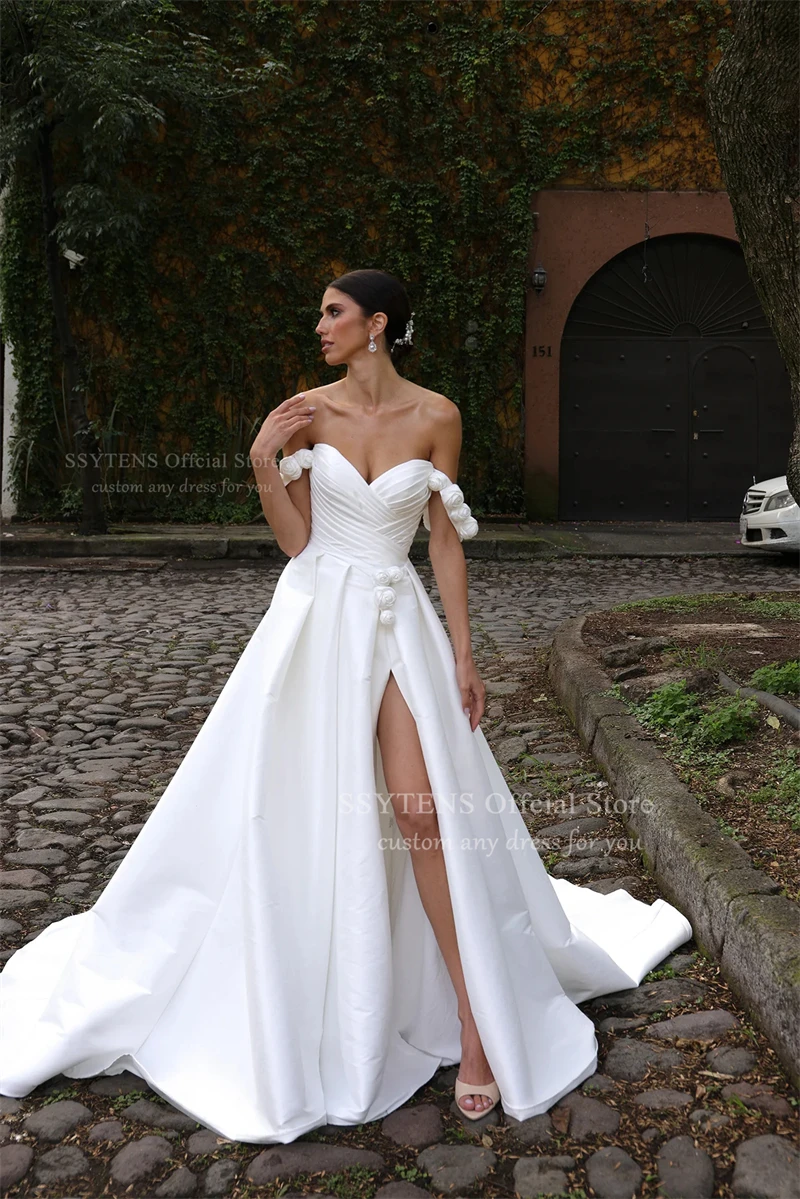 SSYTENS New Satin Wedding Dress for Woman Flowers Vestido De Noiva Robe De Soiree Bride Simple Off-shoulder Vestidos De Fiesta