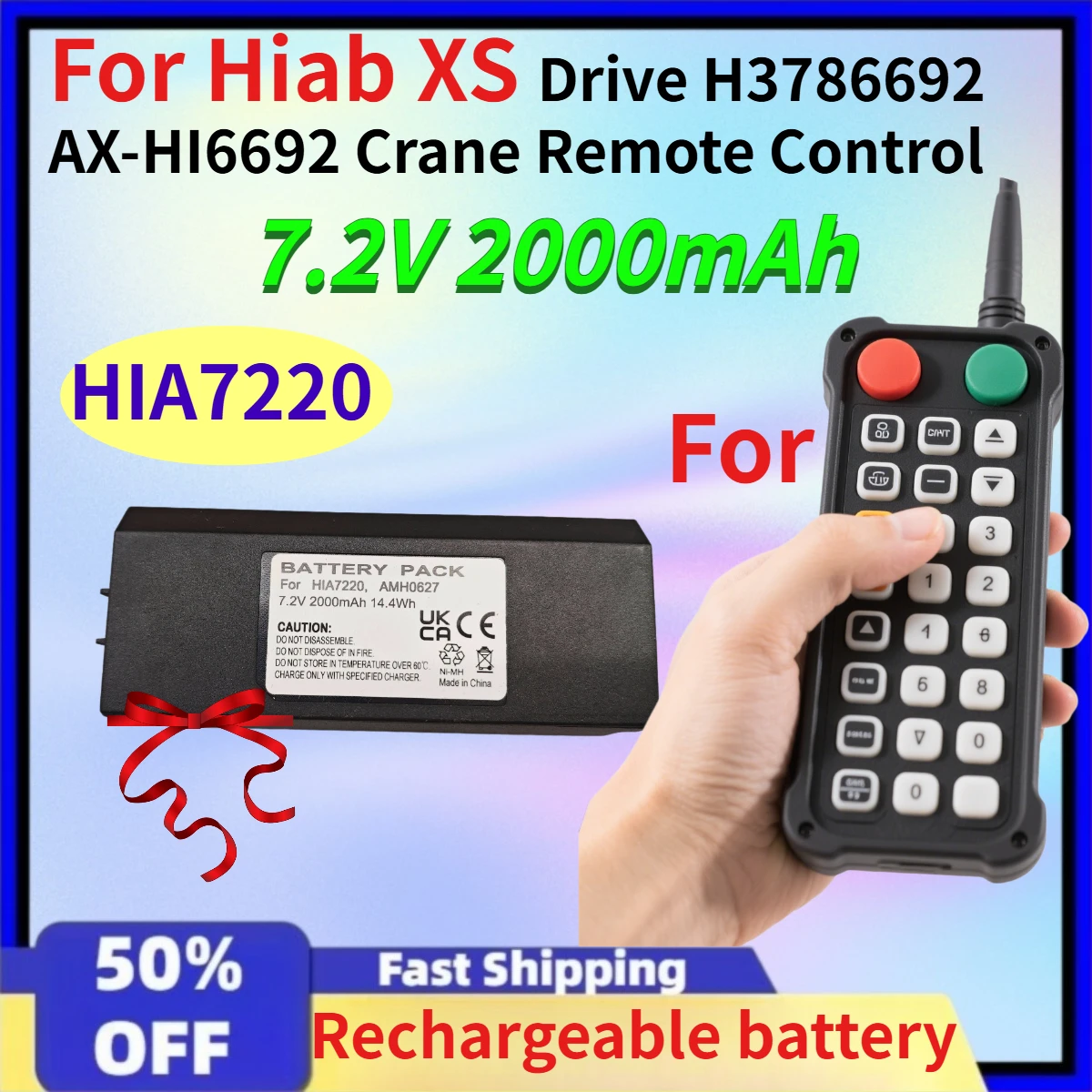 

7.2V 2000mAh Crane Remote Control HIA7220 Battery for Hiab XS Drive H3786692 AX-HI6692 Pump Machine Remote Control Batteries