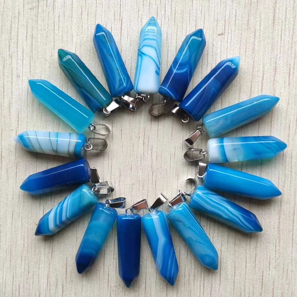 

Beautiful natural stripe light blue onyx Charms pillar Pendants for necklaces jewelry marking Free shipping Wholesale 24Pcs/Lot