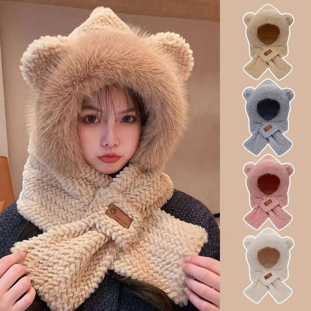 Multifunctional Bear Hat Scarf Integrated Autumn And Winter Ladies Cute Warm Plush Neck Warm Student Scarf