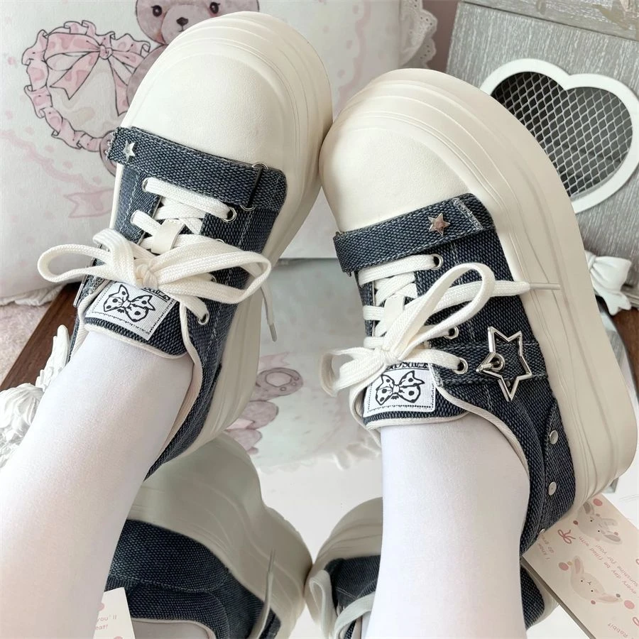 Women Star Metal Charm Strap Platform Sneakers Woman Non Slip Trainers Chunky Elevated Shoes All Match Black Denim Canvas Shoes