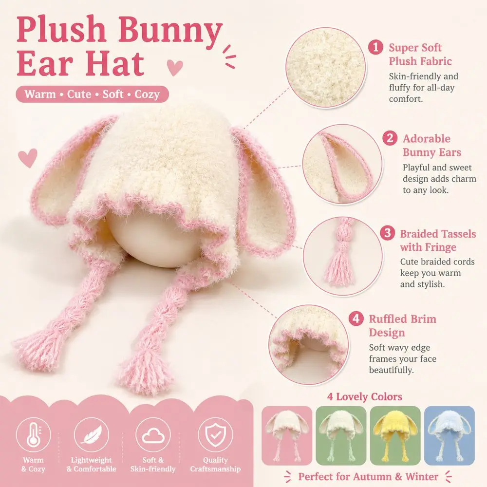 Durable Soft Bunny Ear Hat Fuzzy Texture Long Earflaps Earflap Beanie Hat Braided Tassels Colorful Style Winter Hat Women