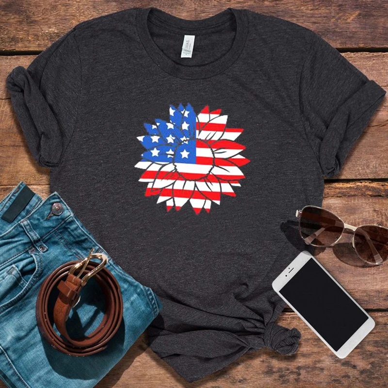 American Flag Sunflower Shirt Woman Clothes Streetwear Sunflower Tshirts with Flag Storm Women Shirts Aesthetic USA 2022 M