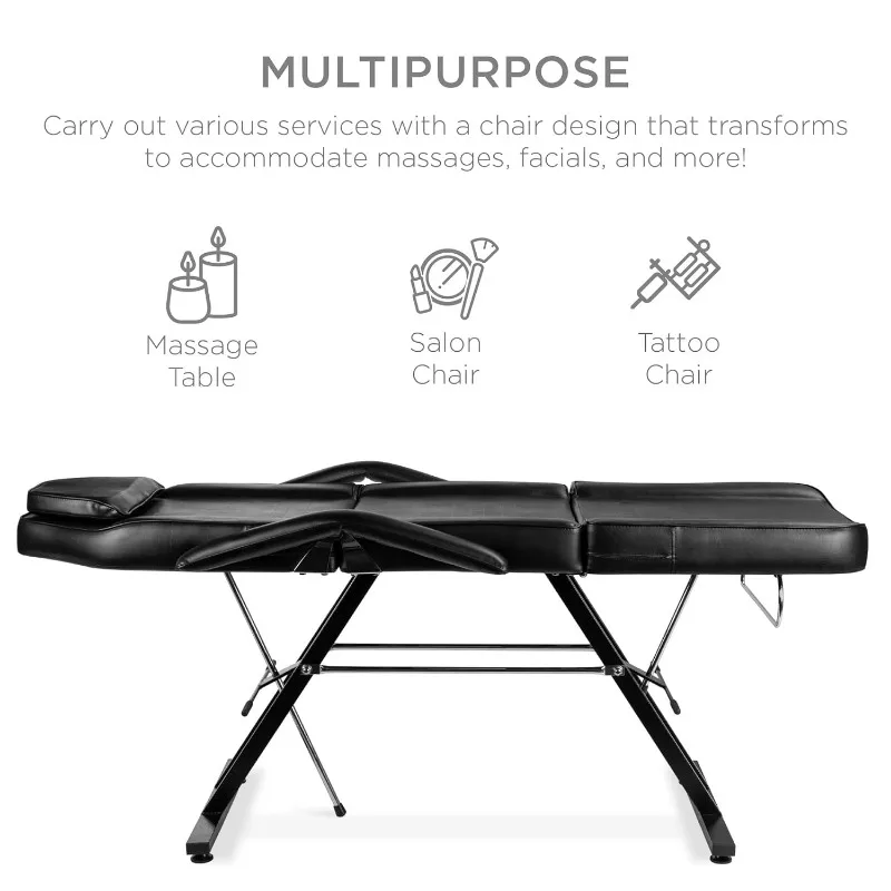 71in 3-Section Multipurpose Massage Bed, Spa & Salon Facial, Tattoo Chair w/Hydraulic Stool, Removable Headrest, Facial Cradle