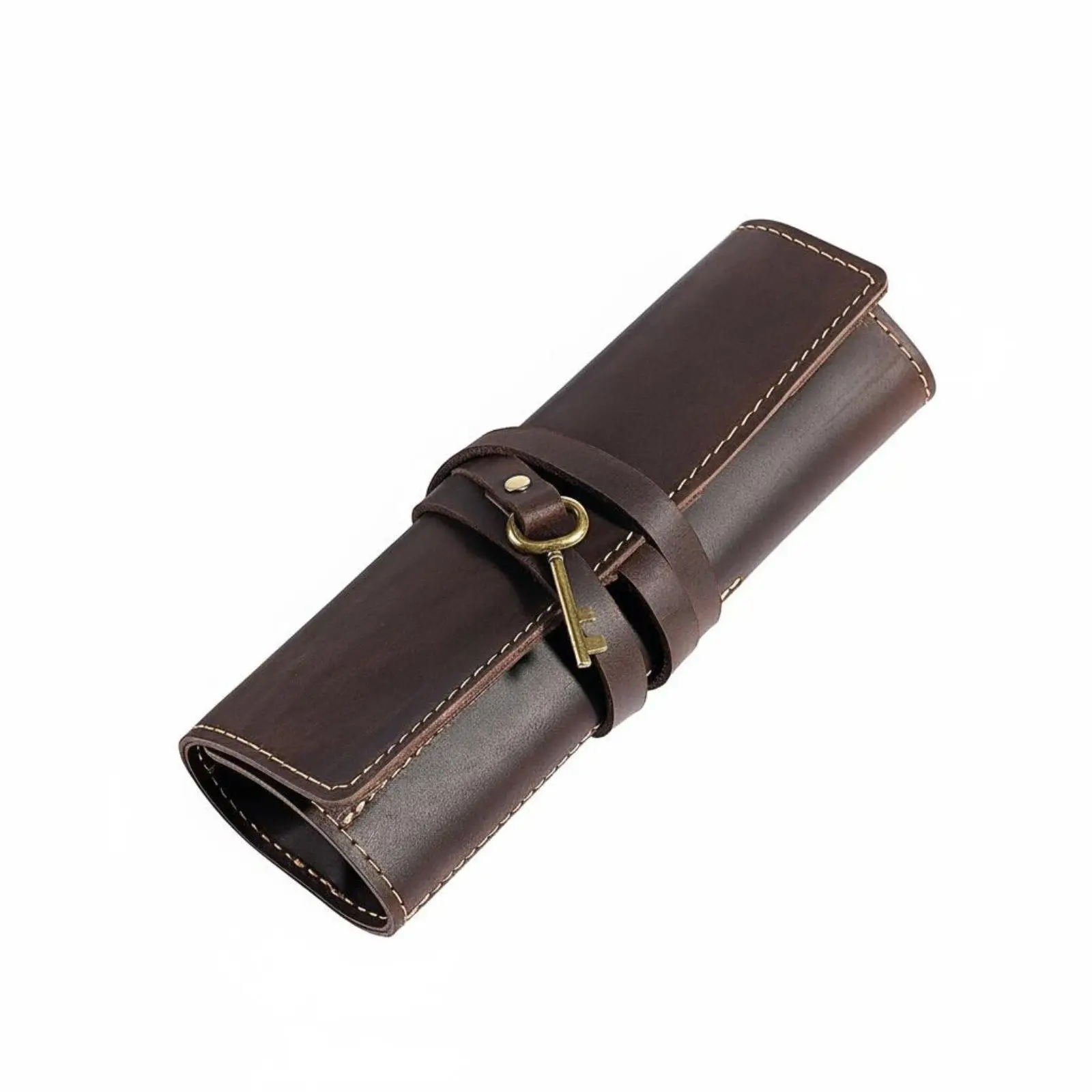 Vintage Leather Roll Up Pencil Case Sketch Pen Holder with Key Fastener Portable Art Supply Organizer for Drawing Desk
