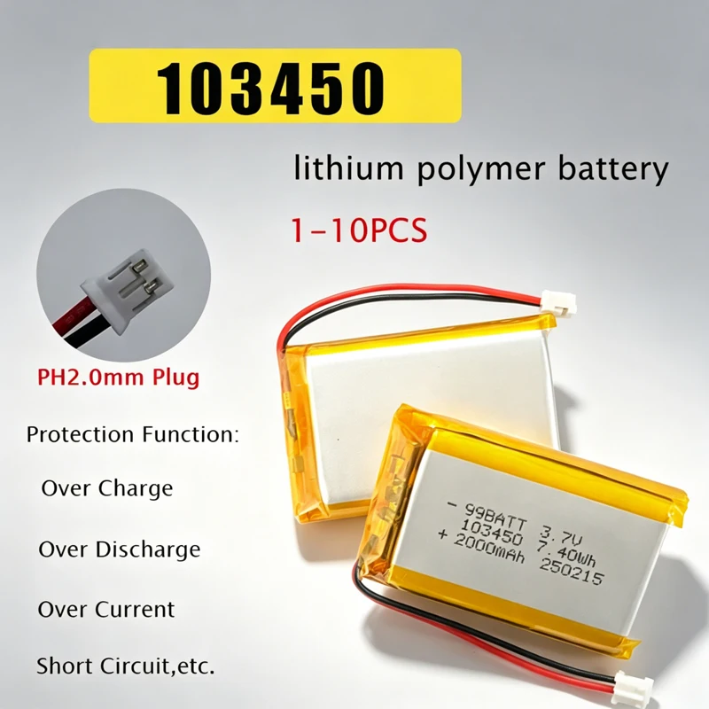 103450 3.7V 2000mAh Polymer Lithium Rechargeable Battery JstPH 2.0mm 2pin Plug for MP5 Bluetooth Headset GPS Navigator LED Light