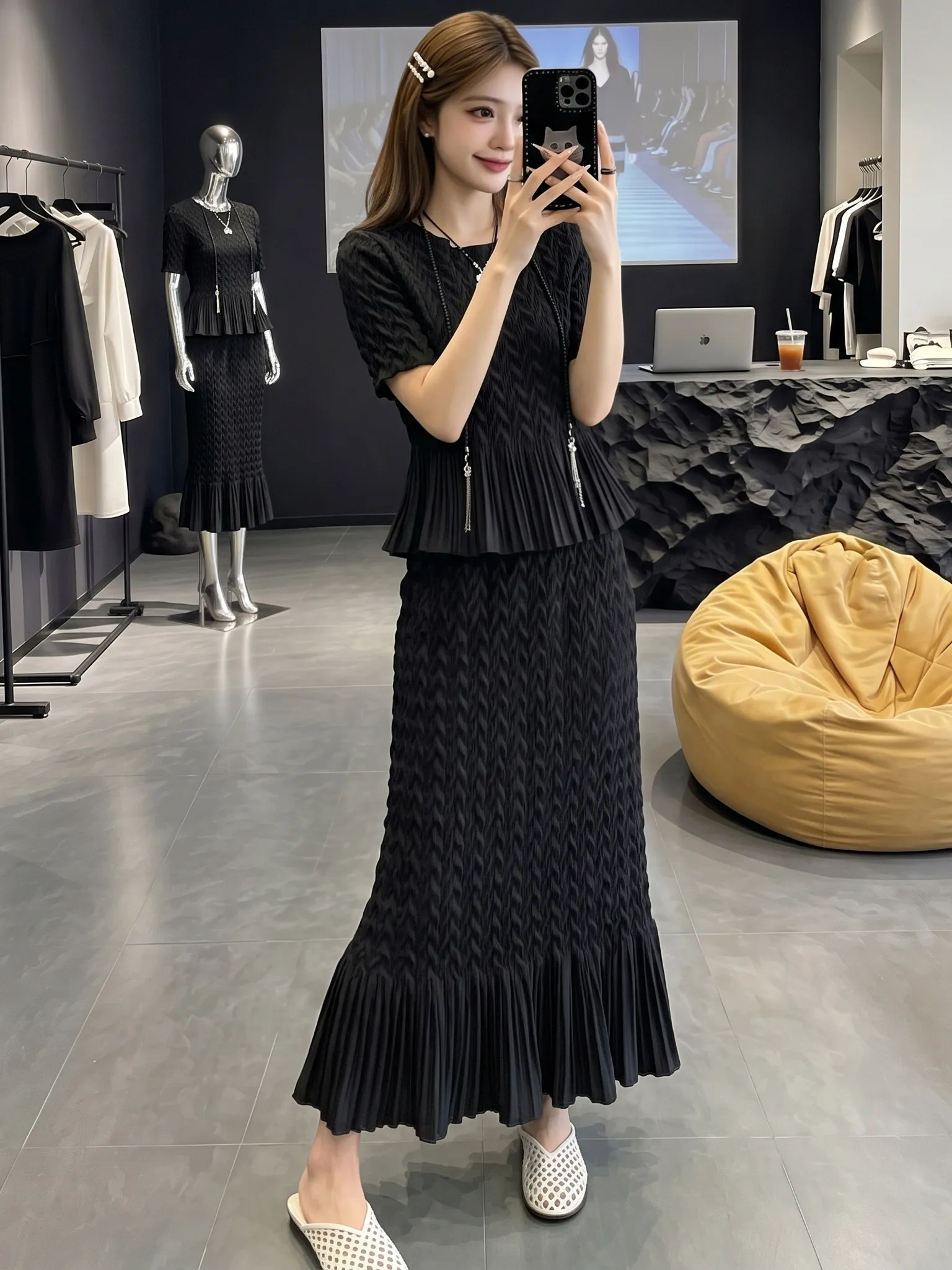 Black Summer Commute Fashion Set Short Sleeve T-Shirt And Midi Skirt Two-Piece Set Versatile Casual Breathable Lightweight