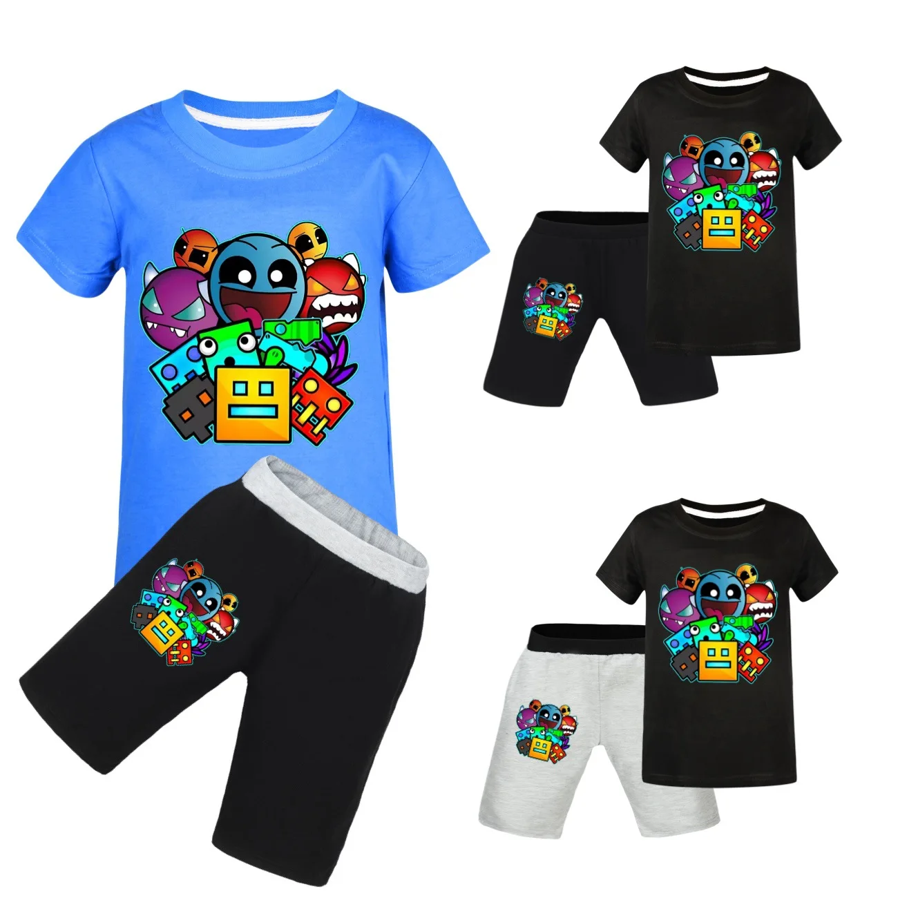 

Geometry Dash Kids New Fashion Girl Boys Short Sleeve Cartoon T-shirt Tops + Shorts Pajamas Set Boys Christmas Clothes 3038