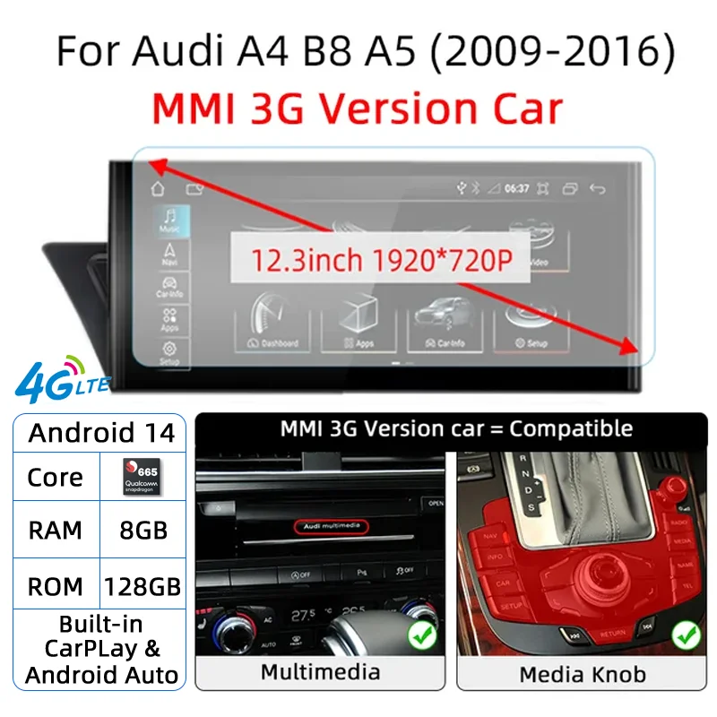 Nunoo Für Audi A4 B8 A5 2008-2017 MMI 2G 3G Android 14 Drahtlose Carplay Auto Radio Bildschirm auto Multimedia-Player GPS Navi Stereo DSP 7
