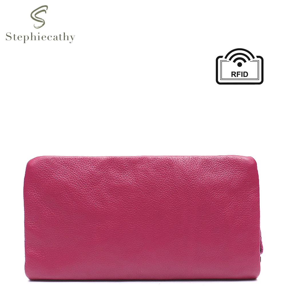 SC Brand Simple Design Genuine Leather Women Long Wallet Chic Solid Color Functional Card Holders Bag Female Daily Cowhide Purse