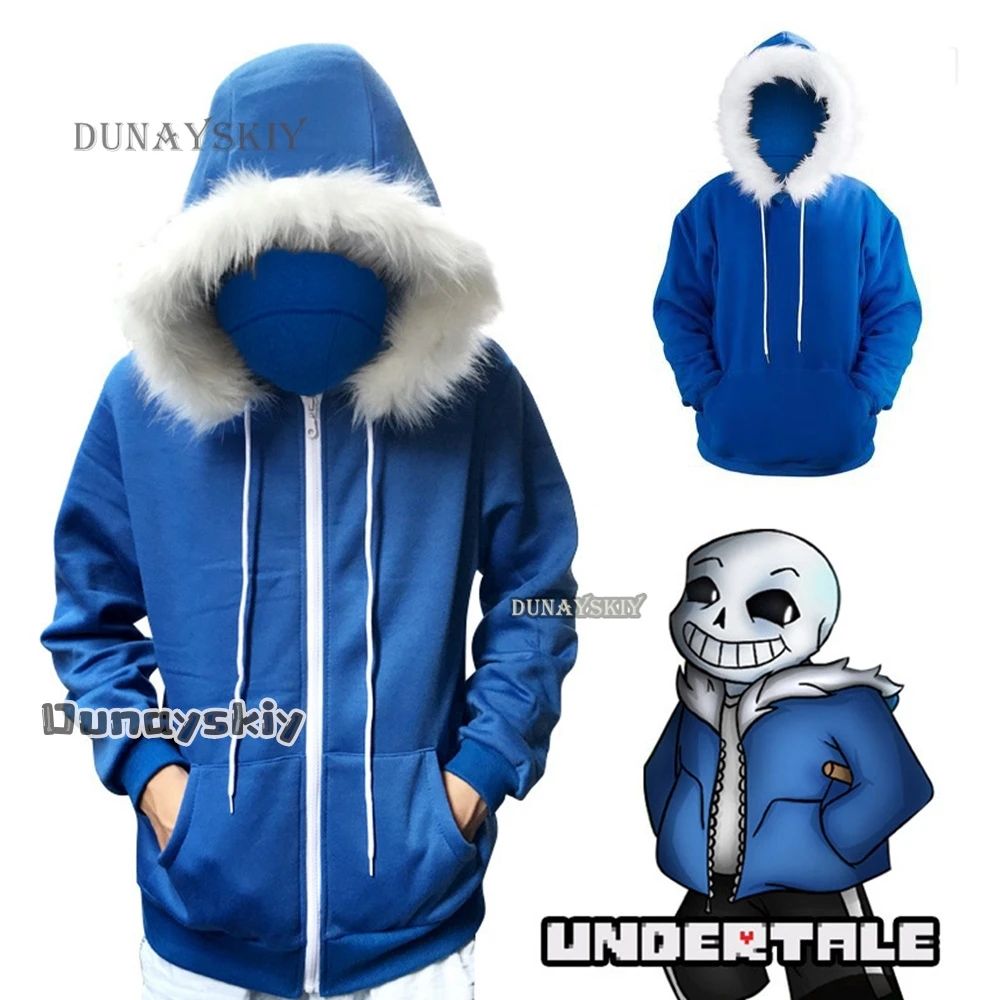 Undertale Sans Skeletons Cosplay Blue Hoodies Mask Bones Cos Blue Coat Halloween Cosplay Costume Unisex Cute Jacket Headgear