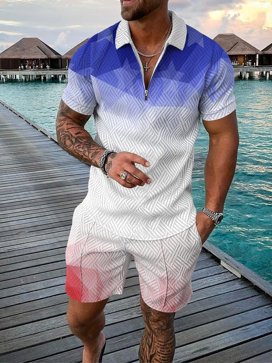 2023 nowa letnia męska zestaw szortów z krótkim rękawem Zip koszulka Polo Street T-shirt dwuczęściowy odzież sportowa