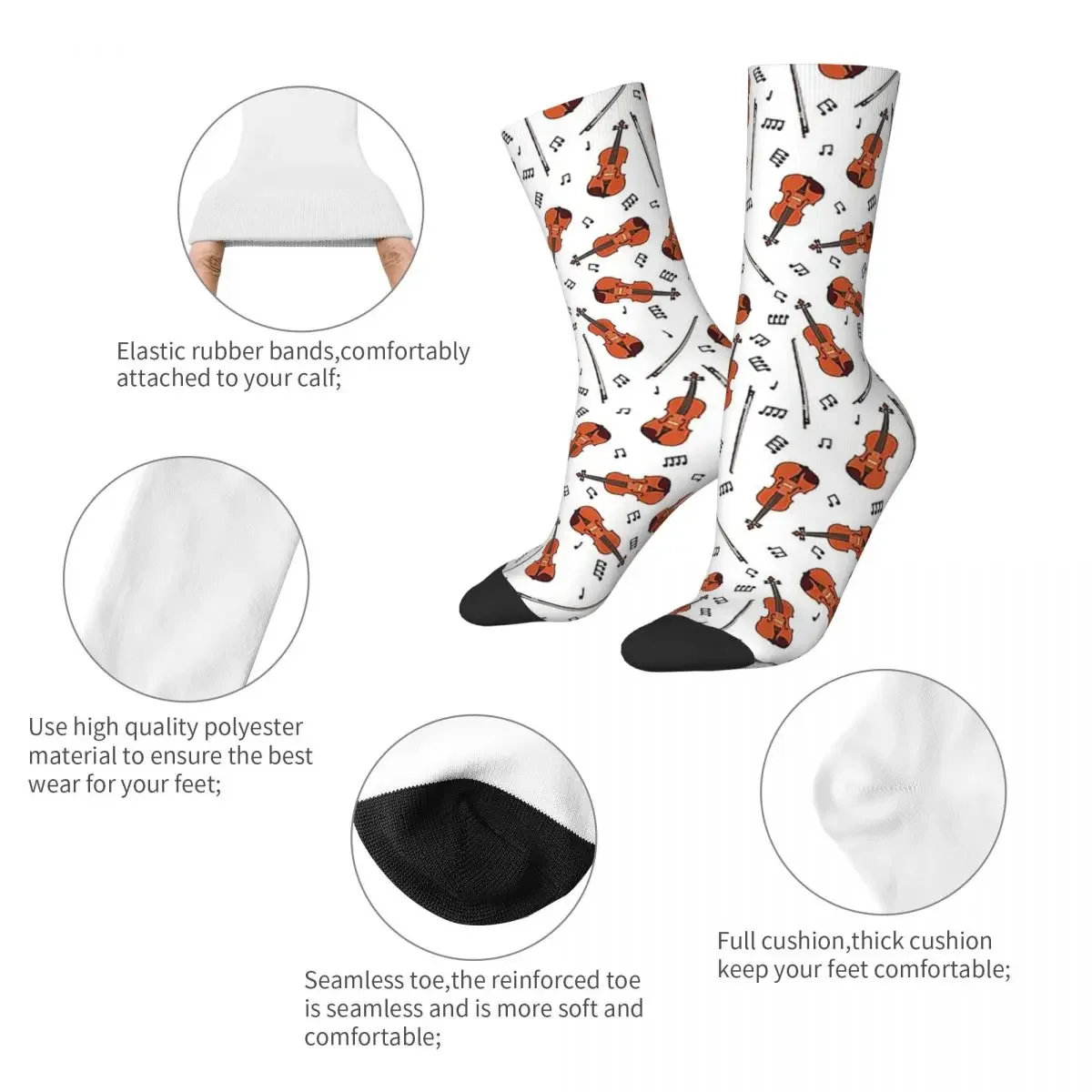 Chaussettes longues toutes saisons pour violon et notes de musique, bas Harajuku, accessoires pour hommes et femmes, cadeau d'anniversaire, haute qualité