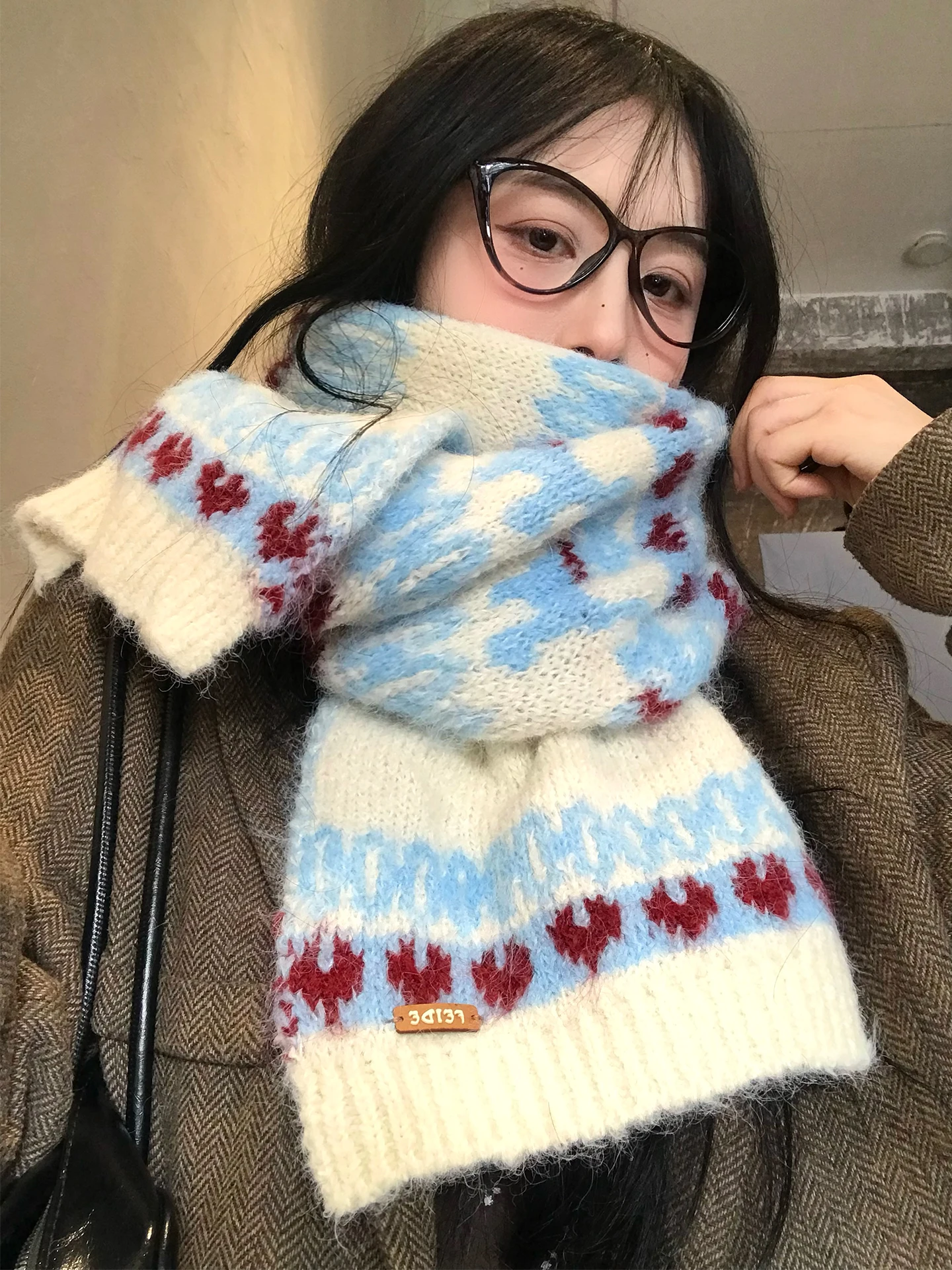 Thickened Knitted Scarf Women's Winter Warm Neck Protection Retro Fair Isle Style Korean Version Long Rectangle Wool Scarf