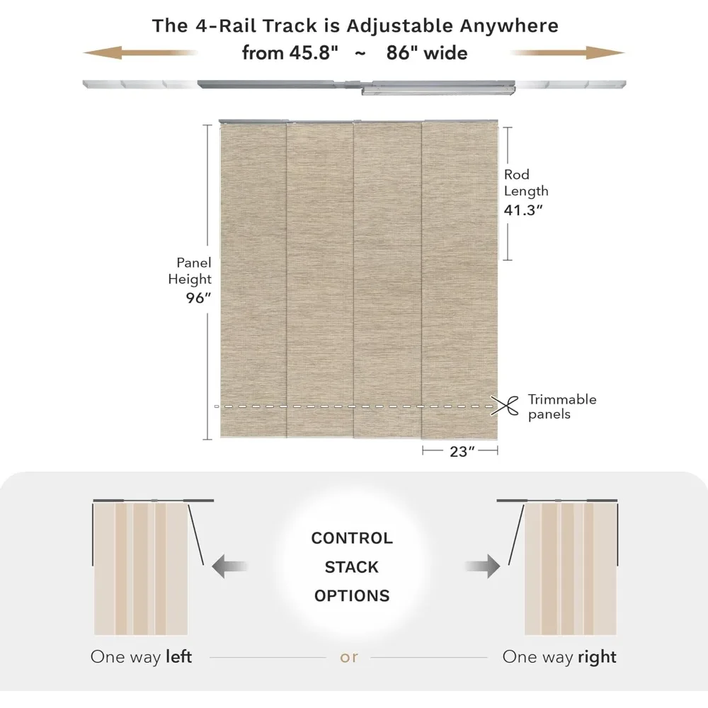 ستائر مسار لوحة منزلقة قابلة للتعديل بنسبة 99.99% لأبواب زجاجية منزلقة 45.8 بوصة - 86 بوصة عرض × 96 بوصة ارتفاع، ستائر عمودية قابلة للتمديد #5