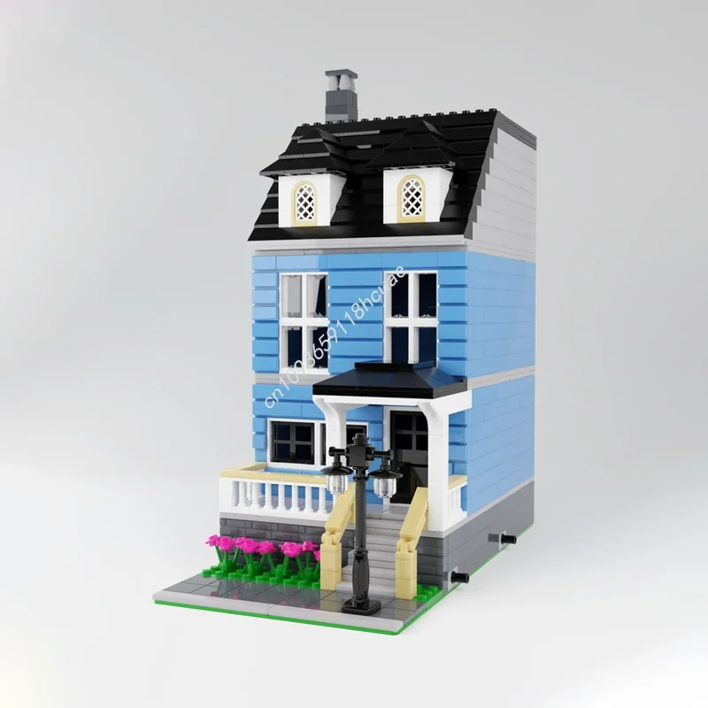 MOC 사용자 정의 모듈 형 빌딩 블루 타운 하우스 스트리트 뷰 모델 빌딩 블록 크리 에이 티브 조립 교육 벽돌 장난감 선물