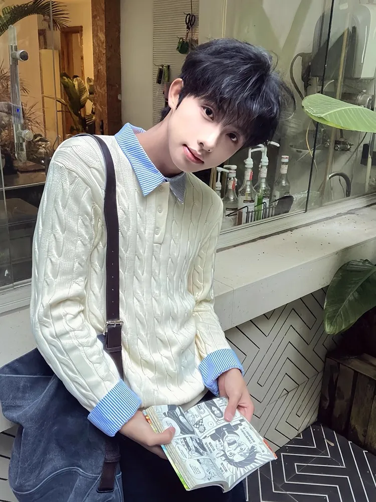 

American Sle Striped Knit Sweater Men's Autumn Lazy Old Money Sle irt Fake Two-Piece Twisted Pattern Long Sve