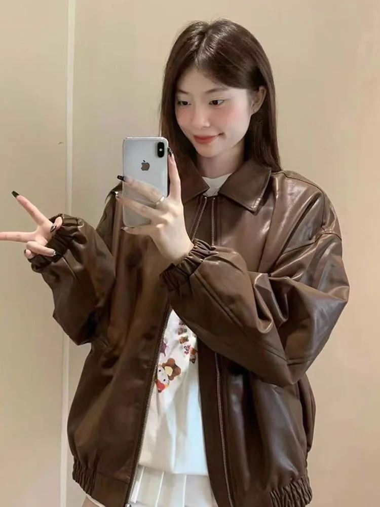 Marrom estilo coreano longo jaqueta de couro feminino vintage casual solto moto jaqueta de couro feminino 2025 outono streetwear moda casaco