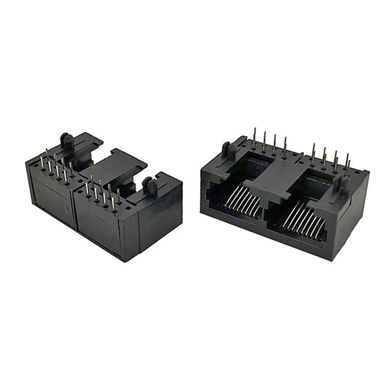 10PCS 5622 Black All-plastic 1X2 RJ45 Network Interface 10P8C 90-degree Horizontal Curved Plug Dual-Port Female Socket 8P8C