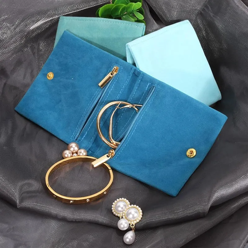 

Velvet Jewellery Pouch Snap Zipper Bracelet Necklace Earrings Storage Bag Double Compartment Gift Packaging Bags For Women
