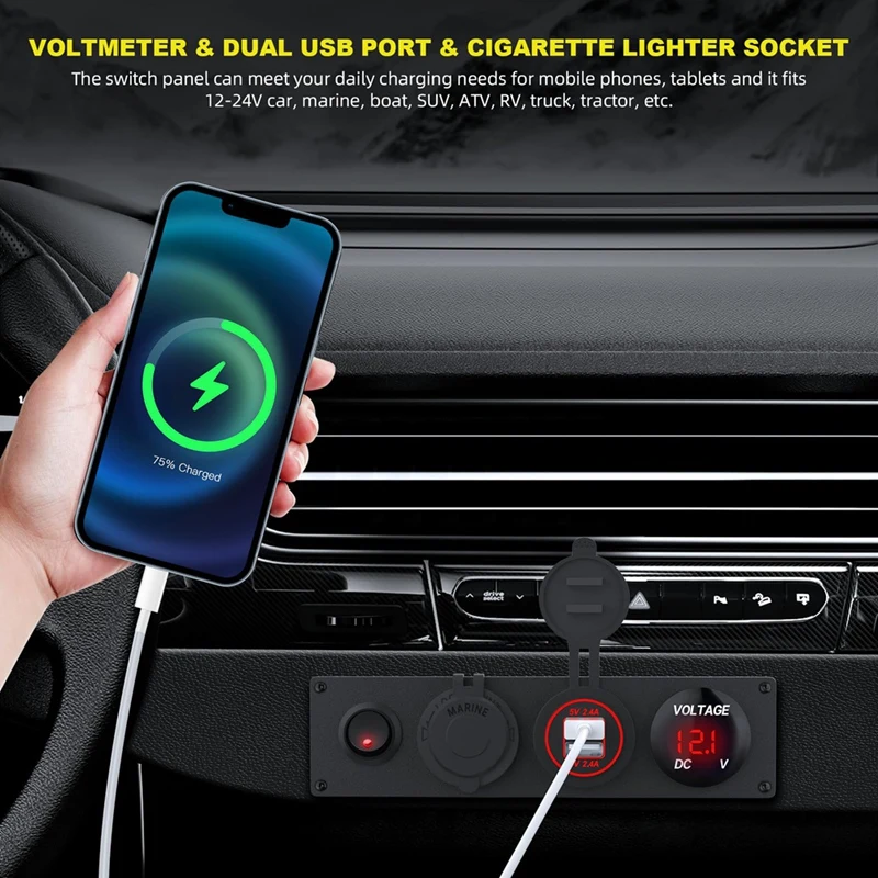 Smart-4 In 1 12V USB Panel+LED Voltmete &Dual USB Charger Socket Power&Cigarette Lighter Socket & Toogle Switch Panel