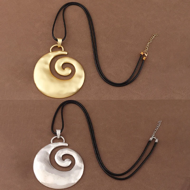 1 X Matte Gold Swirl Vortex Spiral Huge Pendant On Long Wax Rope Long Statement Necklace, All Season Jewellery, Daily Wearing