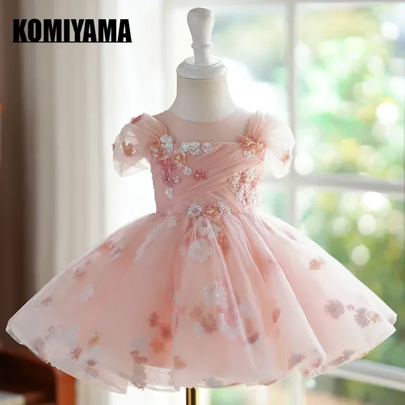 Personalizado o pescoço doce lantejoulas cintura fina flor meninas vestidos de baile princesa vestidos puff manga em camadas crianças aniversário pa