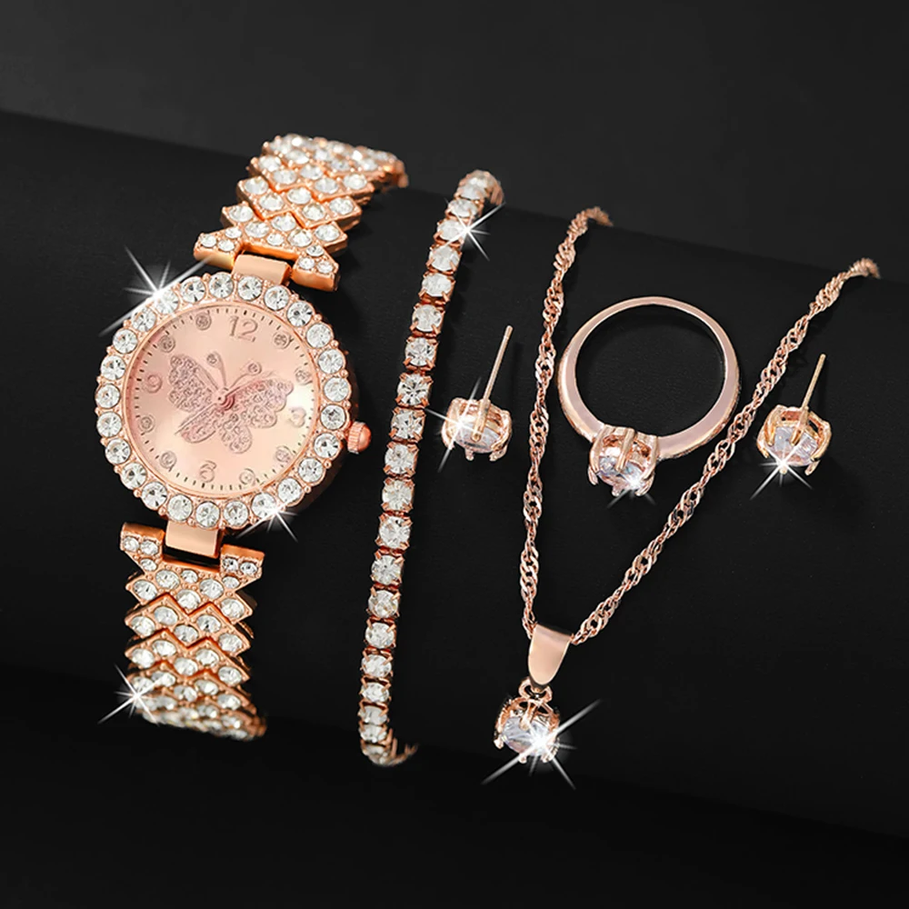 1pc Fashion Ladies Luxury Watch Quartz Wristwatches For Women & 5pcs Bracelet Accessory Dress Clock Montre Femme