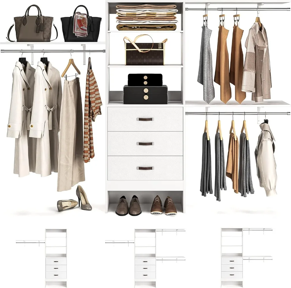 

96 Inches Closet System, 8FT Walk In Closet Organizer with 3 Shelving Towers, Heavy Duty Clothes Rack with 3 Drawers