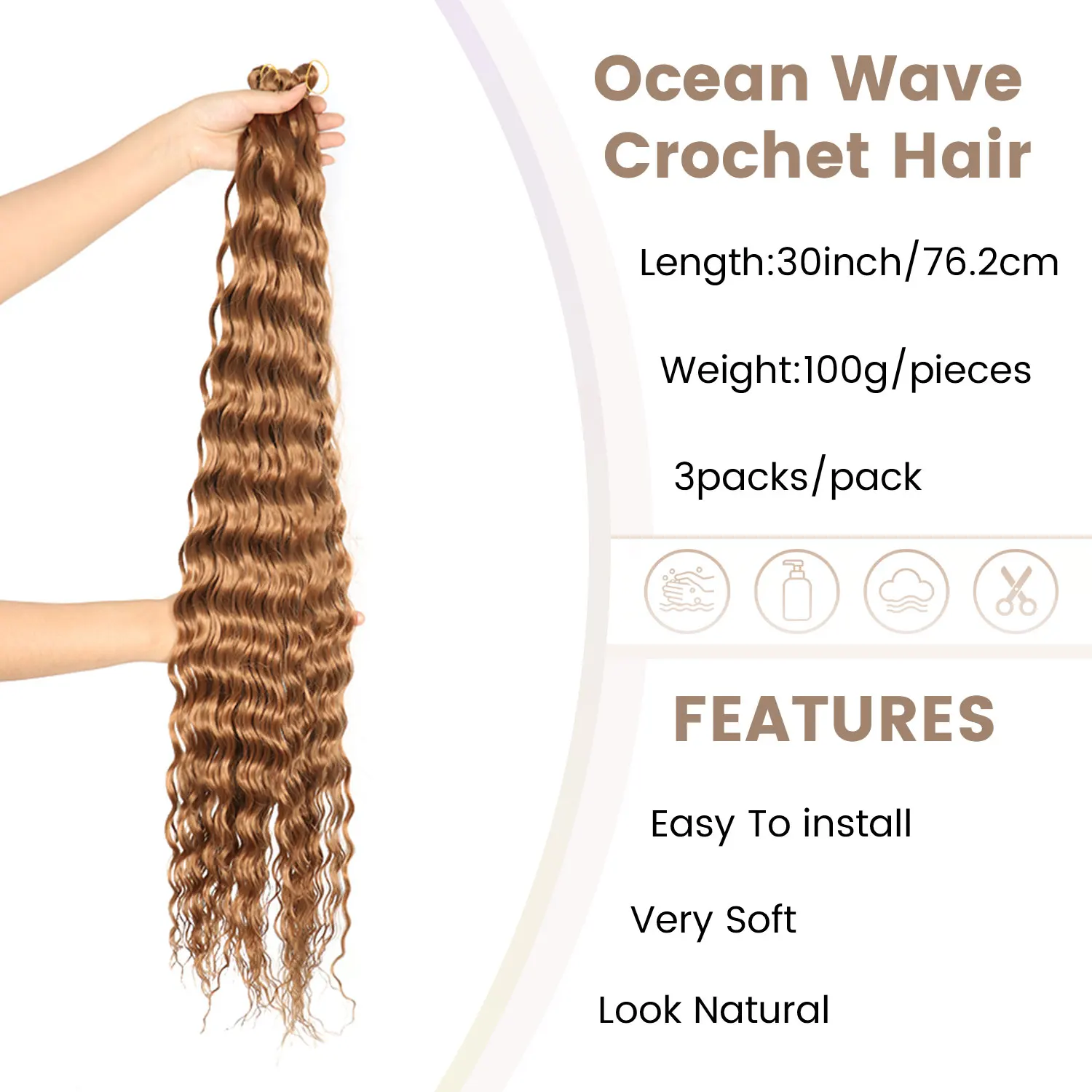 Synthetic Crochet Hair Extensions 30inch Ocean Wave 3pcs/set Deep Wave Long Crochet Hair for Women Girls Daily Party Holiday