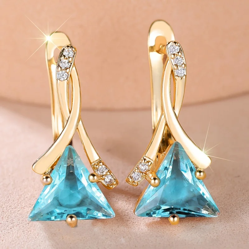 Huitan Gold Color Twisted Lever Back Dangle Earrings for Women Triangle Blue CZ Elegant Charming Statement Party Daily Jewelry