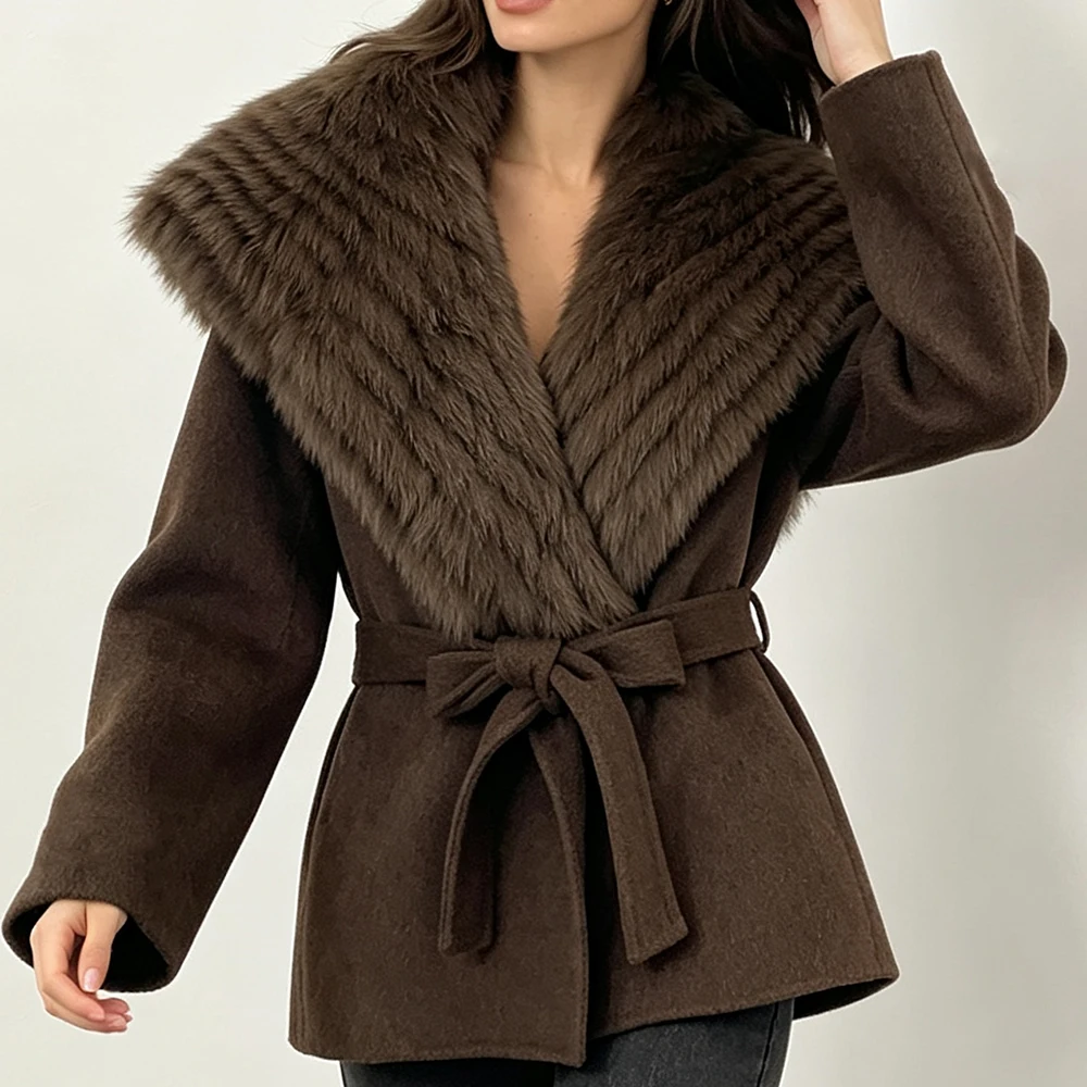 Women's Wool Blends Coat Fitted Short Wool Coat with Wide Shawl Fur Collar Self Tie Belt Warm Winter Old Money for Evening Wear