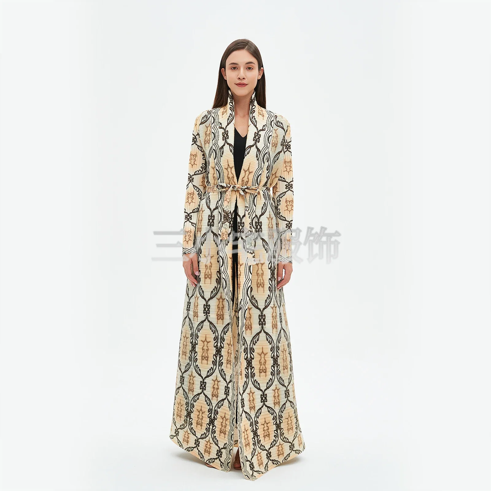 ALSEY Miyake Long Sleeve Printed Dress Windbreak Women 2024 Winter New Original Designer Abayas Turndown Collar Belted Coats