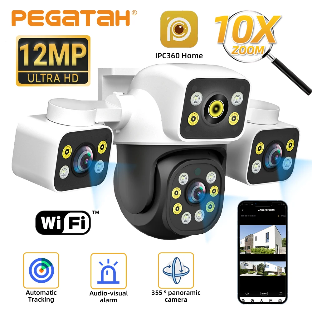 PEGATAH 6K 12MP كاميرا واي فاي خارجية ثلاثة شاشات ثلاثة عدسات 10X Zoom PTZ تتبع تلقائي كاميرا أمان إنذار مرئية مسموعة