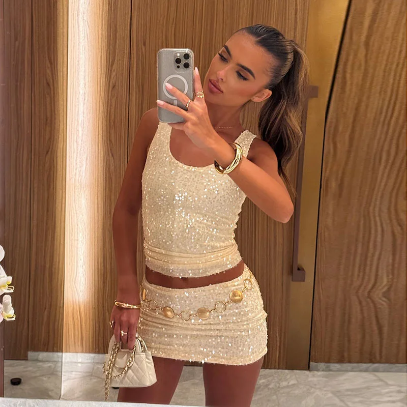 SKMY Solid Color 2025 Spring Summer Women Two Piece Outfits Fashion Sleeveless Sequined Glitter Tank Top Hip Wrapping Skirt Set