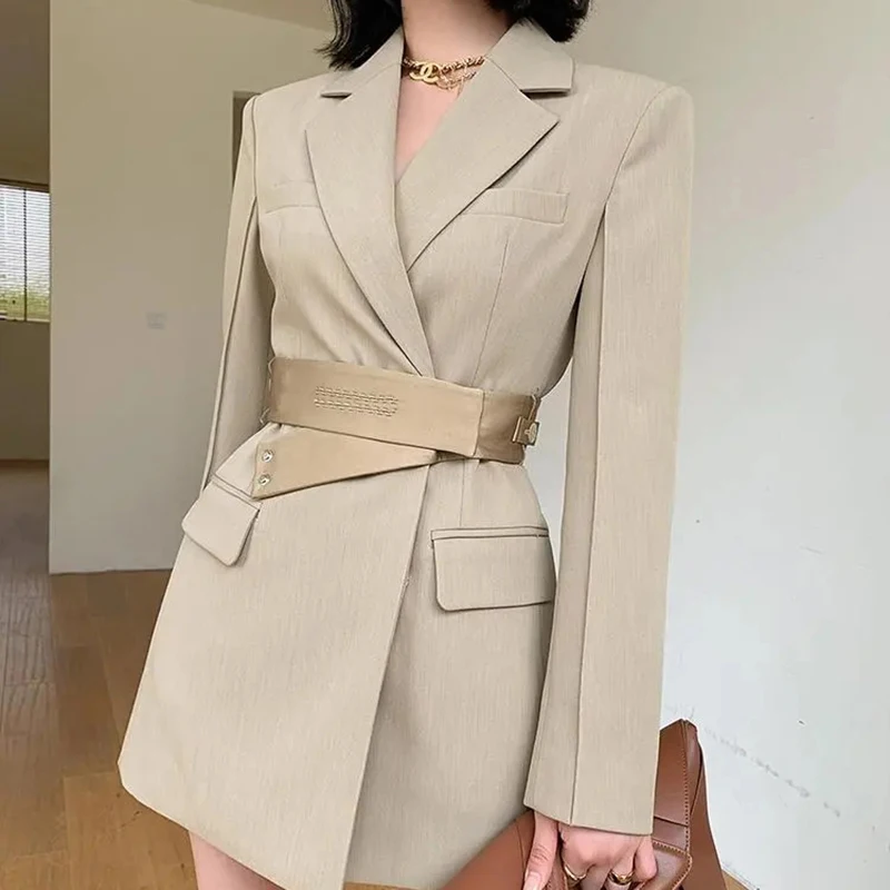 Suit Dress Women Simple Elegant Commuter Solid Slim Skirt Chic All-Match Blazer Office Lady Jacket Skinny Belts Coat